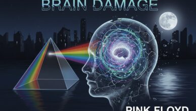 Un prisma trasparente scompone un raggio di luce in colori che colpiscono la testa traslucida di una persona, con la scritta Brain Damage in alto e Pink Floyd in basso.